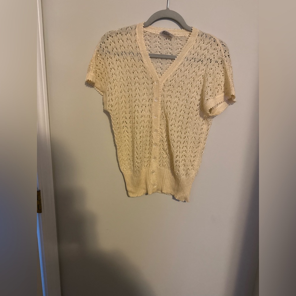 Cream Knit Women's Sweater button up short sleeve vintage knit sweater top
